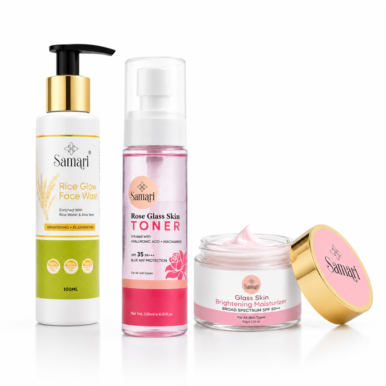 Samari Rice Glow Facewash & Rose Glass Skin Toner SPF 35 PA+++ & Glass Skin Brightening Moisturiser SPF 50++