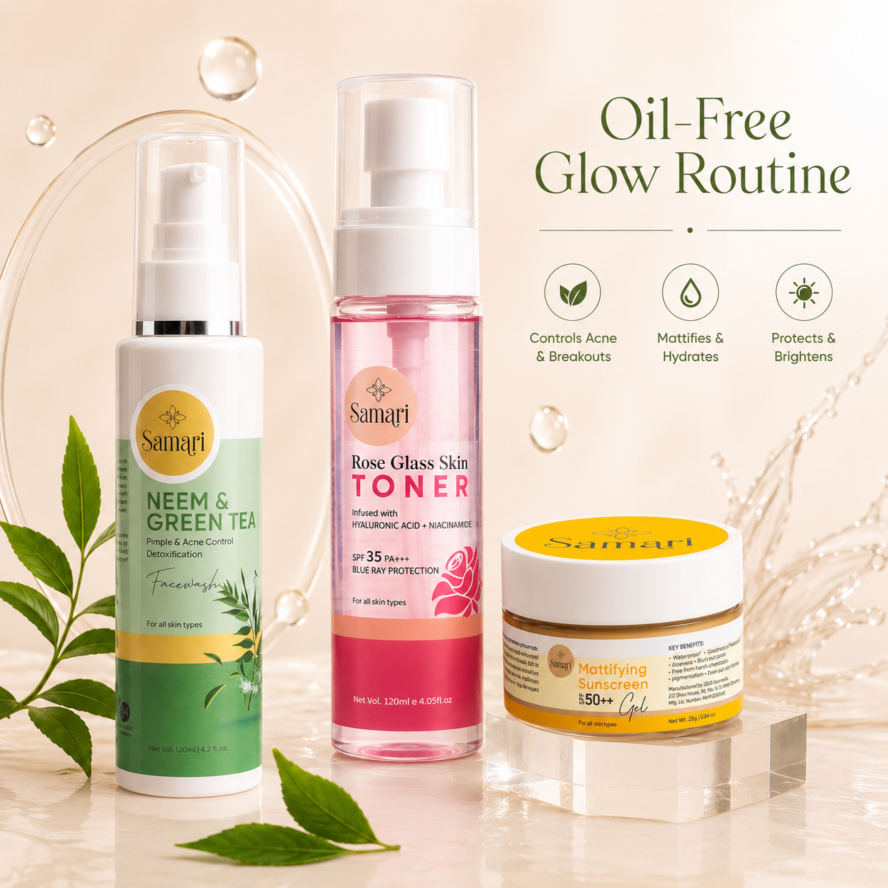Samari Tinted Mattifying Sunscreen SPF 50++ & Neem & Green Tea Facewash & Rose Glass Skin Toner SPF 35 PA+++