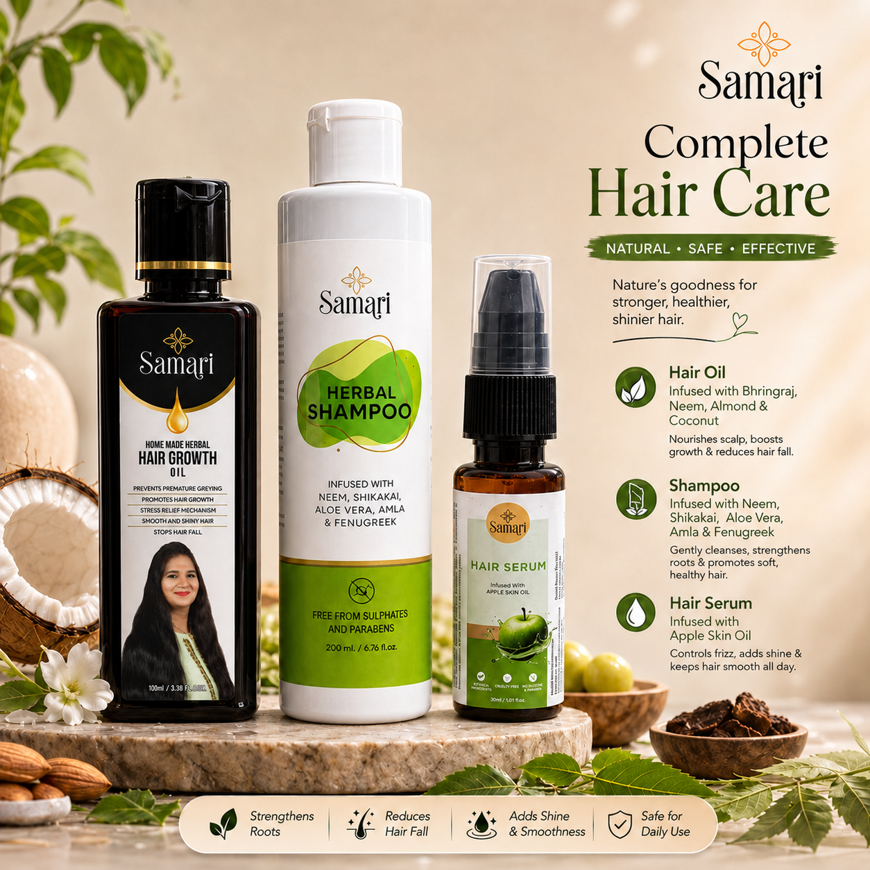 Samari Hair Growth Oil & Herbal Shampoo & Hair Serum