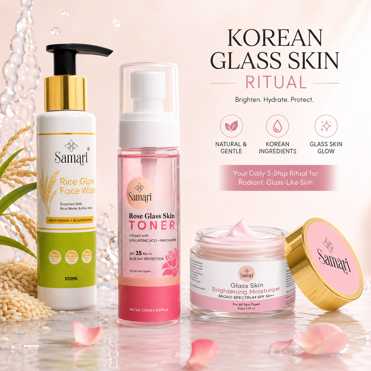 Samari Rice Glow Facewash & Rose Glass Skin Toner SPF 35 PA+++ & Glass Skin Brightening Moisturiser SPF 50++
