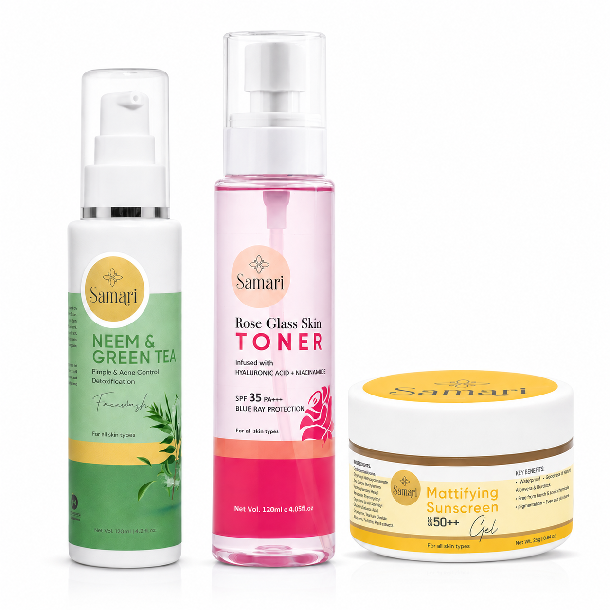Samari Tinted Mattifying Sunscreen SPF 50++ & Neem & Green Tea Facewash & Rose Glass Skin Toner SPF 35 PA+++